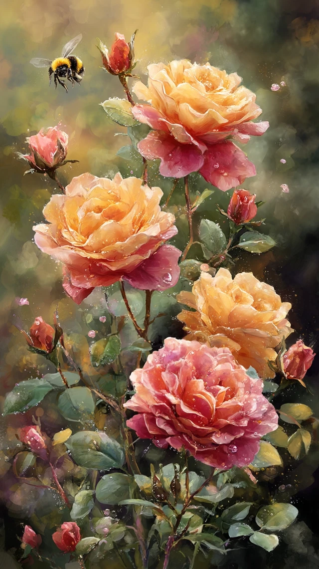 Watercolor Rose Bush Sunset Dreamy Art