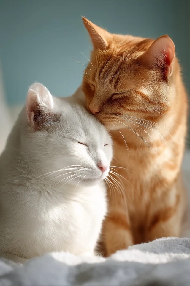 Loving Cats: White Cat and Orange Cat Cuddle
