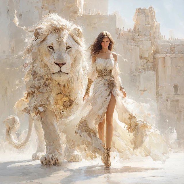 Israeli Girl and Lion Spirit: Fantasy Art