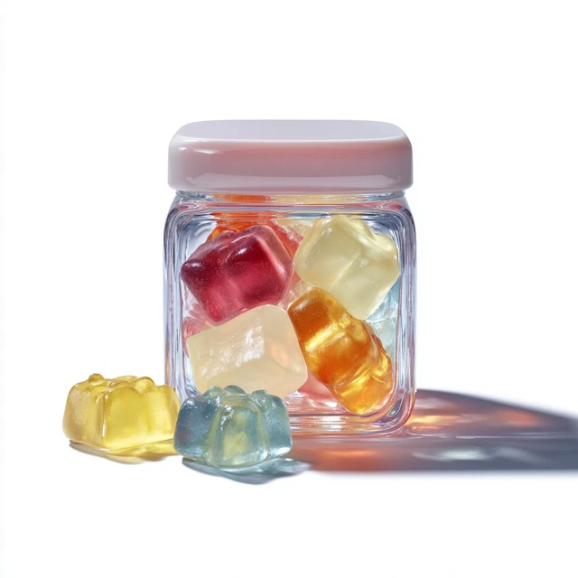 Transparent Square Bottle with Gummies Cosmetic Product