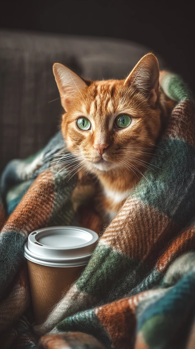 Orange Cat with Green Eyes Cozy with Blanket