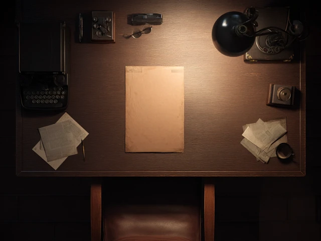 Detective Desk Dimly Lit Photorealistic Scene