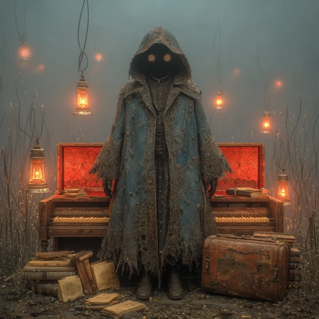 Mysterious Figure in Fog and Lanterns
