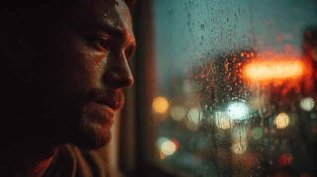 Man by Rain Window at Night Cinematic Shot