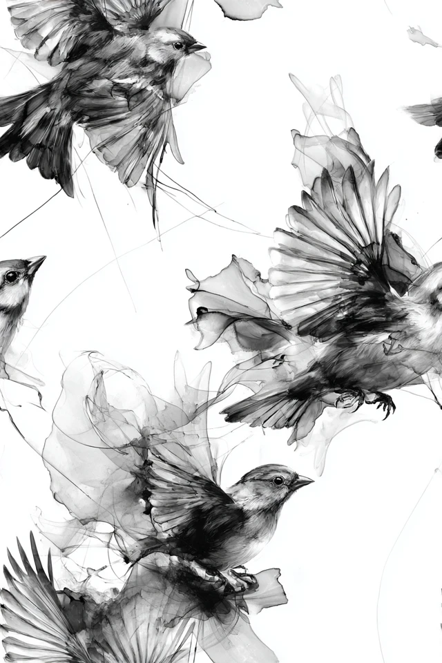 Flying Birds Alcohol Ink Art Greyscale Artistic