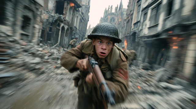 WWII Soldier Runs Through War Torn Street