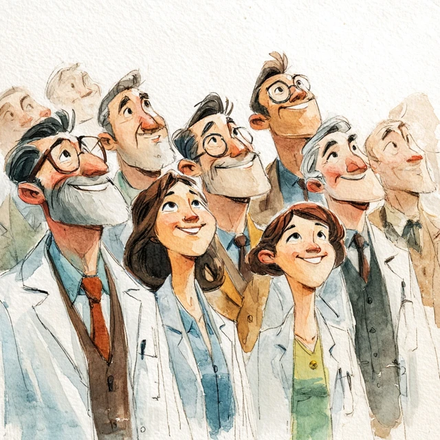 Watercolor Cartoon Doctors Smiling and Looking Up