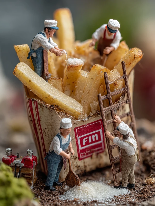Miniature French Fries Scene Chefs Adding Salt