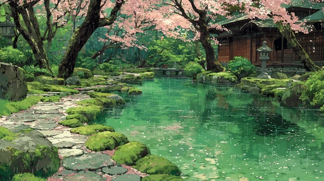 Kyoto Temple Garden in Spring Rain Makoto Shinkai Style
