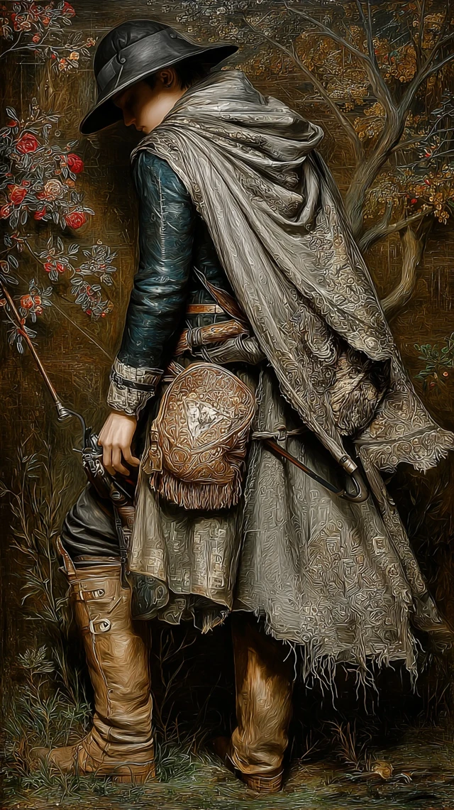 PostApocalyptic Wanderer Portrait Worn Cloak Tense
