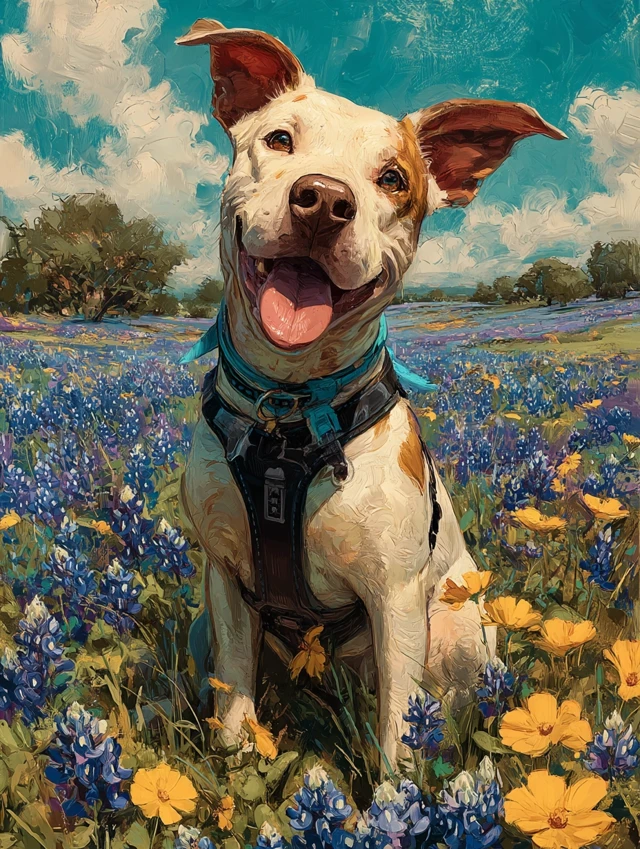 Happy Dog in Bluebonnet Field Illustration