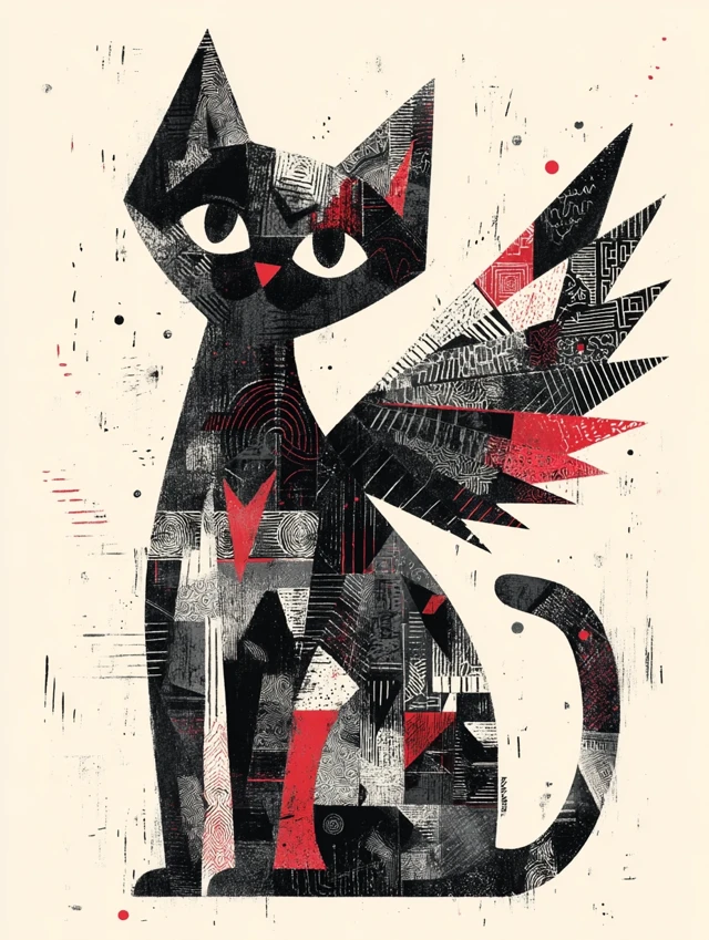 Winged Cat Dada Surrealism Black White Crimson
