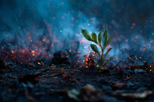 New Plant Growing Through Burnt Soil