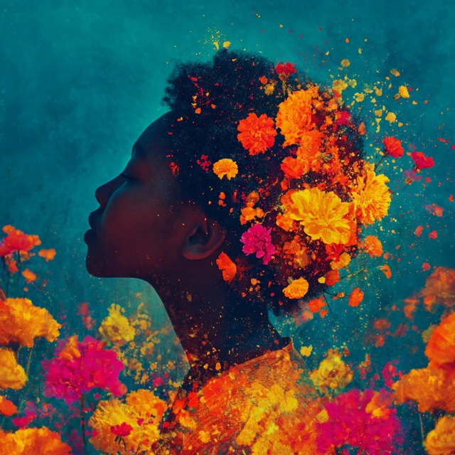Young Black Girl with Flowers Blooming from Hair