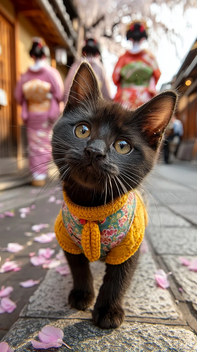 Cute Kitten in Kyoto Cherry Blossoms