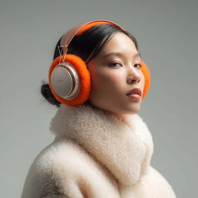 Retro Headphones on Asian Girl Product Shot Sony Minimal Design