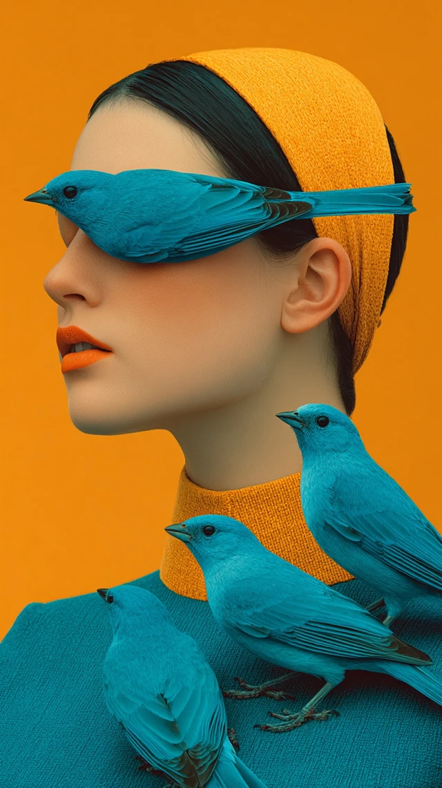 Woman with Teal Birds Fashion Photography