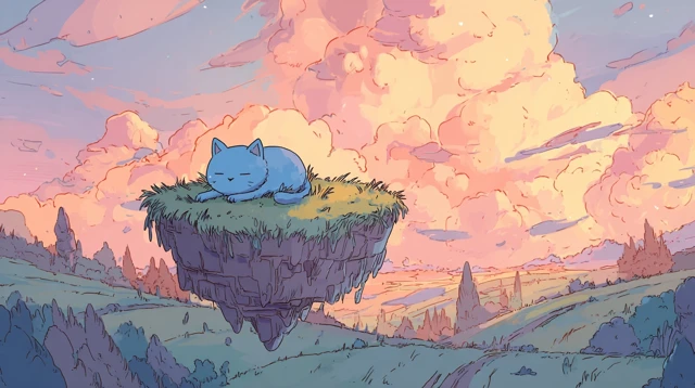 Cartoon Cat on Floating Island Adventure Time Style