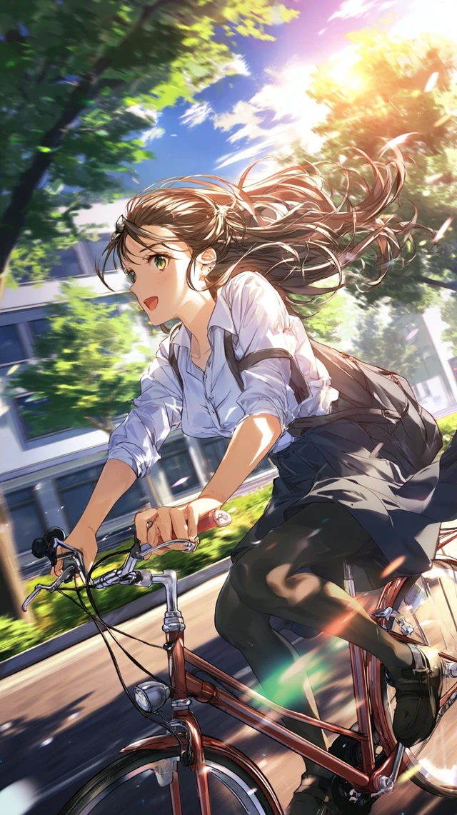 Anime Girl on Bicycle Golden Hour Illustration