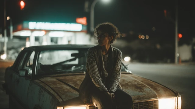 Night Scene Woman on Car Neon Lights
