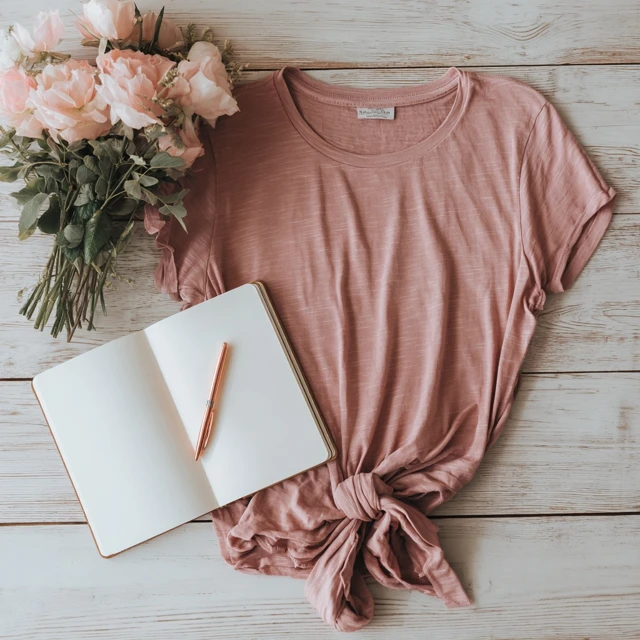 Pink T Shirt Mockup with Flowers Notebook and Pen