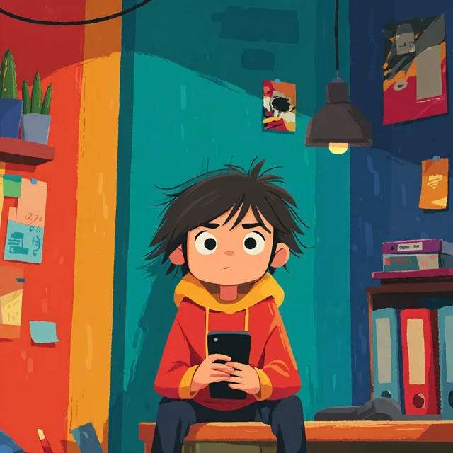 Anime Illustration Teenager Looking at Smartphone