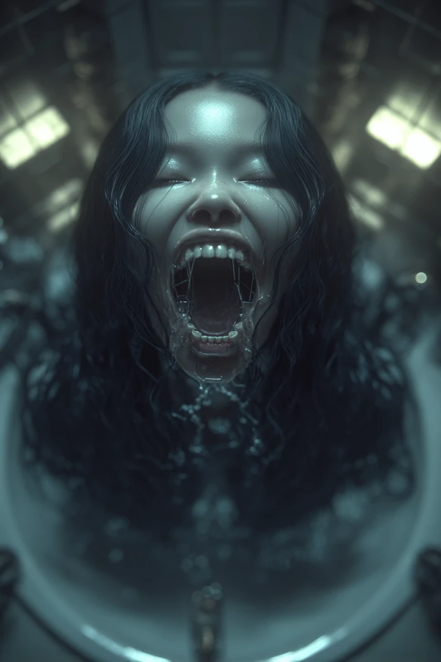 Scary Female in Bathroom Hyperrealistic Scene