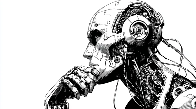 Retro Comic Robot Thinker Art Black and White