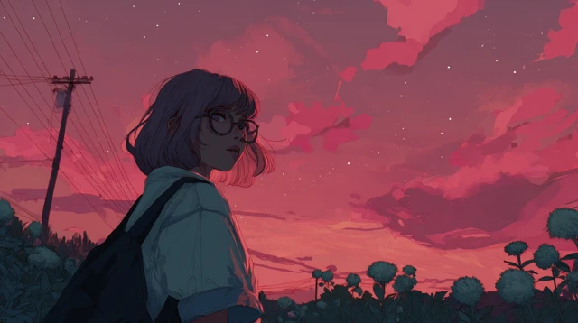 Cozy Room Anime Style Girl Working Laptop