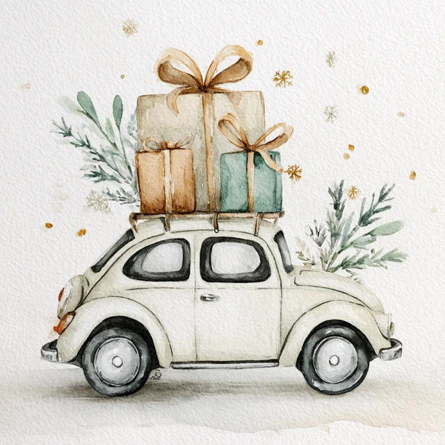 Cute Christmas Car Watercolor Illustration