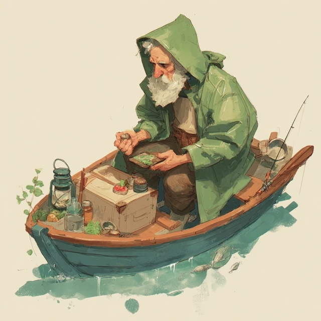Old Fisherman in Rowboat Fishing for the Day