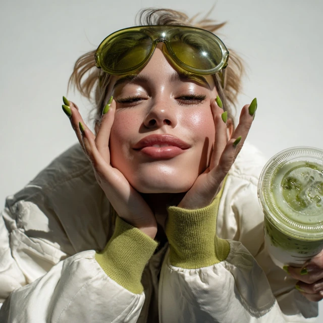 Blonde Woman with Matcha Green Nails Sunglasses and Matcha