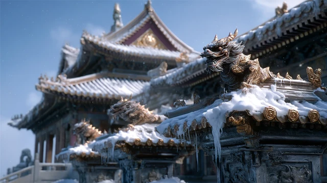 Snowy Palace Eaves Gilded in Gold
