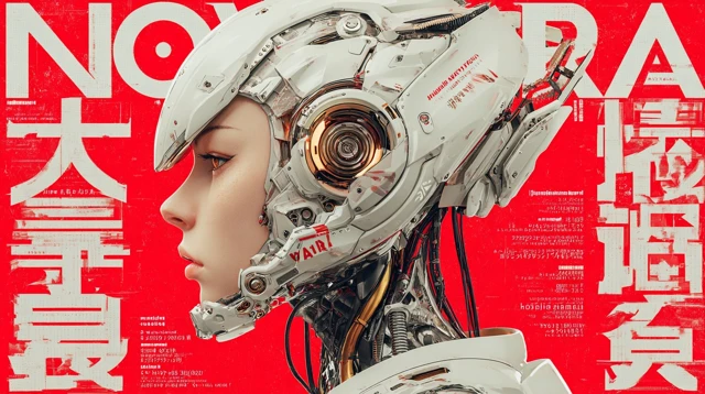 Cyberpunk Portrait Woman with Mech Ear Japanese Kanji