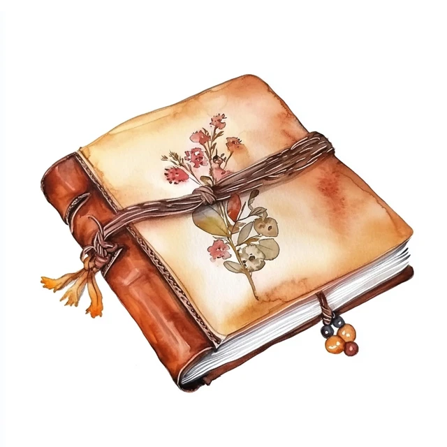Boho Style Leather Journal with Pressed Flowers Watercolour Art