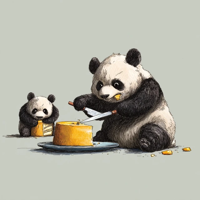 Panda Cutting Mango Cake Illustration