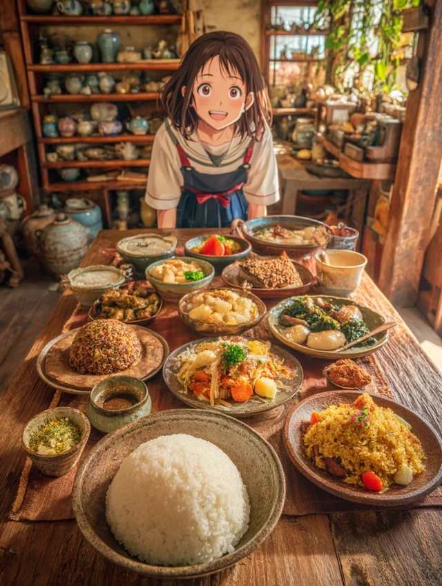Anime Girl with Rice Dishes Cozy Japanese Scene