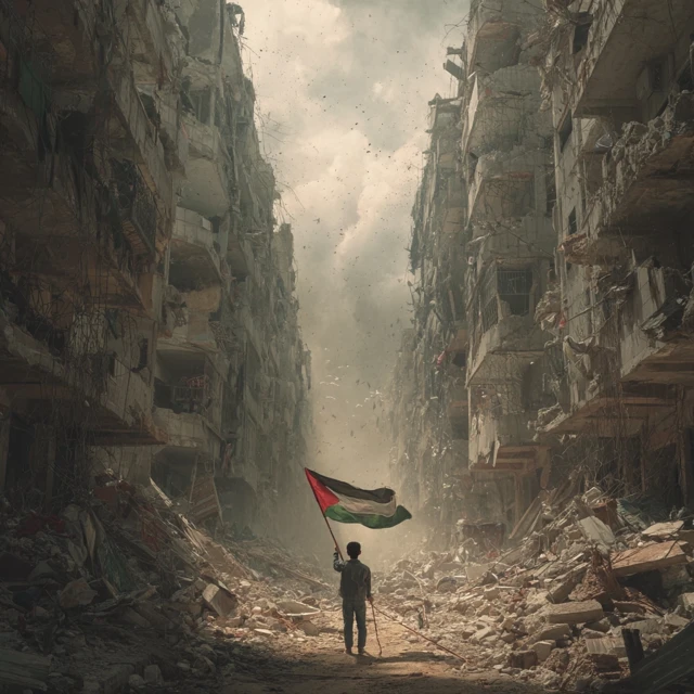 Man in Palestine Holding Flag Amidst Destruction
