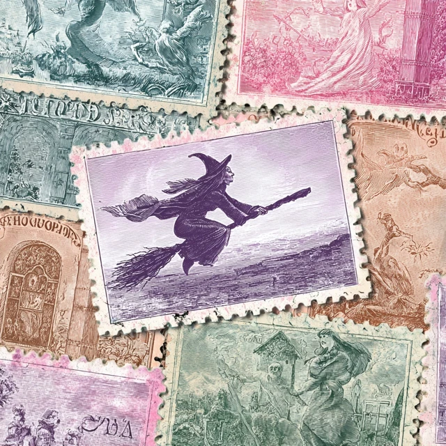Vintage Halloween Stamp Witch Ghosts