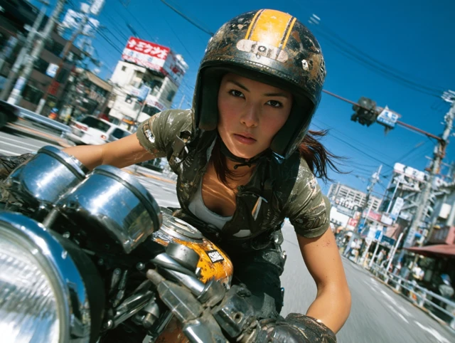 Japanese Woman on Retro Futuristic Motorbike Racing