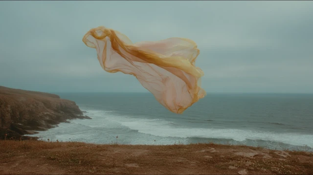 Silk Scarf Flying Over Cliff Ocean Dramatic Sky