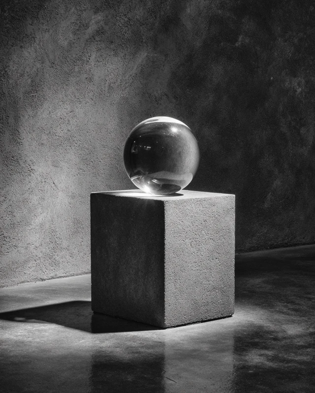 Glass Orb on Concrete Pedestal Grayscale Aesthetic