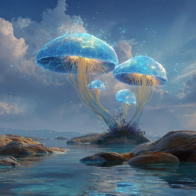 Glowing Mushrooms in Water Fantasy Art