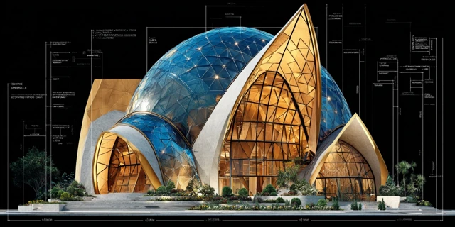 Planetarium Architecture Design with Golden Tones