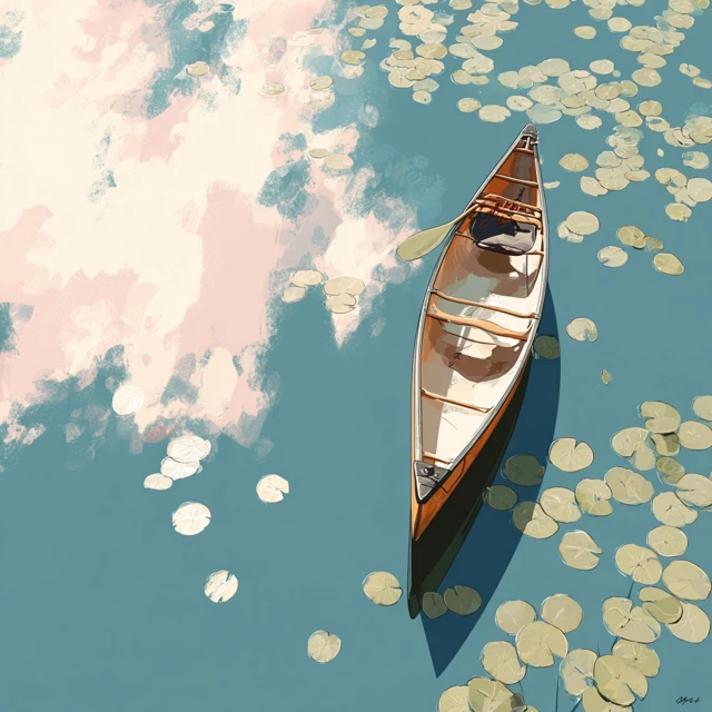 Canoe on Calm Lake Lily Pads Minimalist Illustration