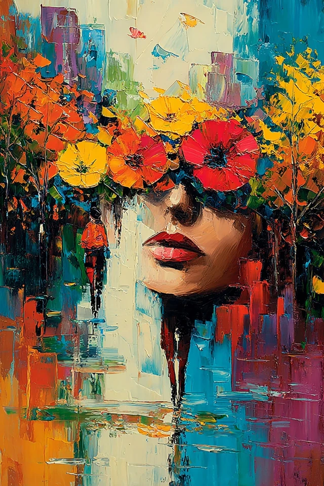 Abstract Portrait Art with Floral Crown and Vivid Colors