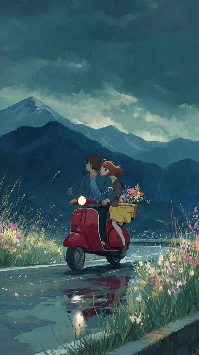 Anime Scooter Ride Rainy Night Romantic Landscape