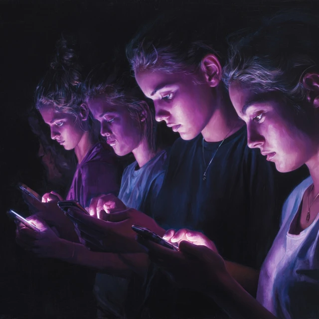 Teenagers on Phones Hyper Realistic Painting