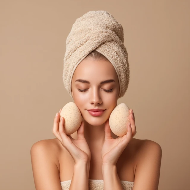Skincare Routine: Woman Applying Cream with Sponges
