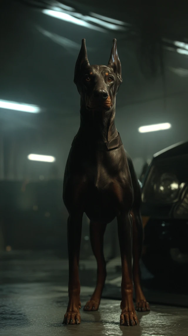 Doberman Portrait Alert in Garage Cinematic Shadows